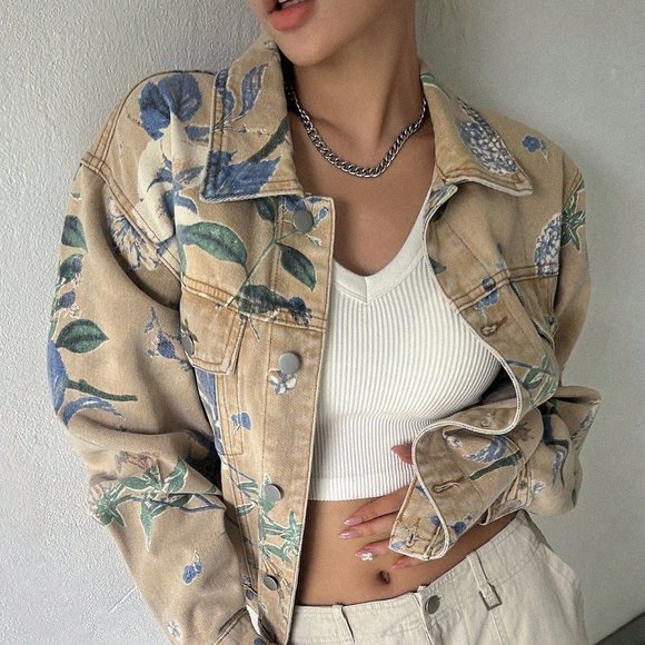 Multicolor Casual Womens Floral Print Drop Shoulder Denim Jacket